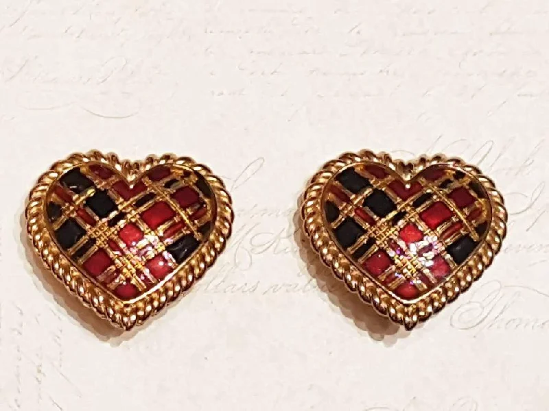 Ladies Earrings Unique Shine-Vintage Butler and Wilson Heart Clip on Earrings Gold Tartan Enamel Red Punk