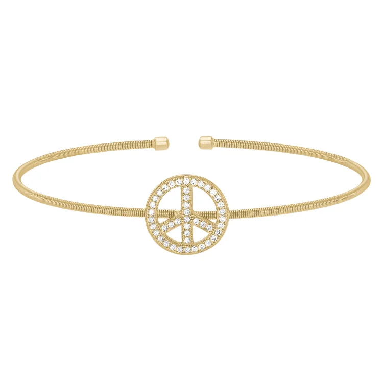 Ladies mythic lore bracelets -Gold Finish Sterling Silver Cable Cuff Peace Sign Bracelet with Simulated Diamonds