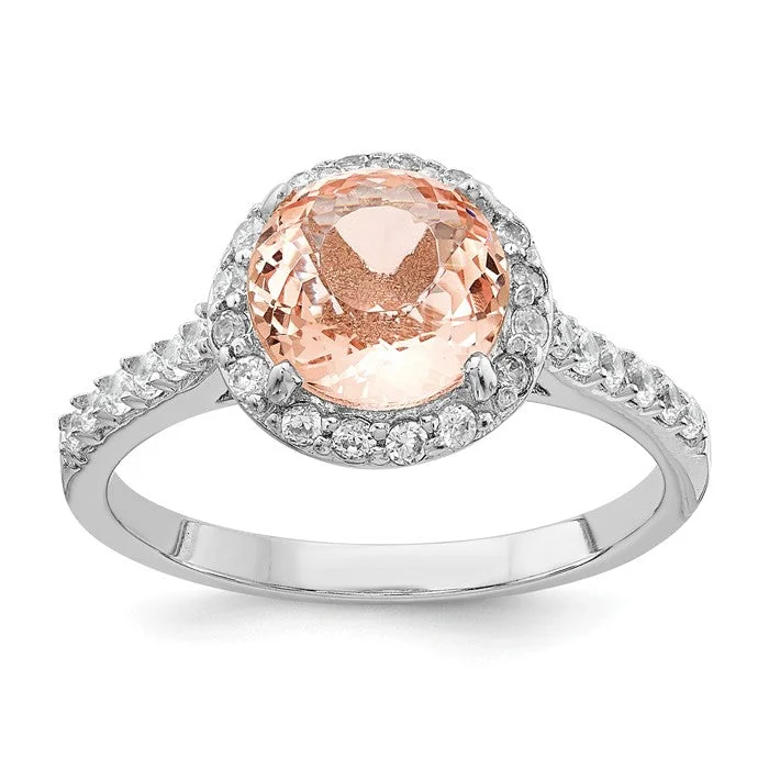 Ladies Rings with Lotus Glow-Cheryl M Sterling Silver Simulated Morganite Round Halo Ring