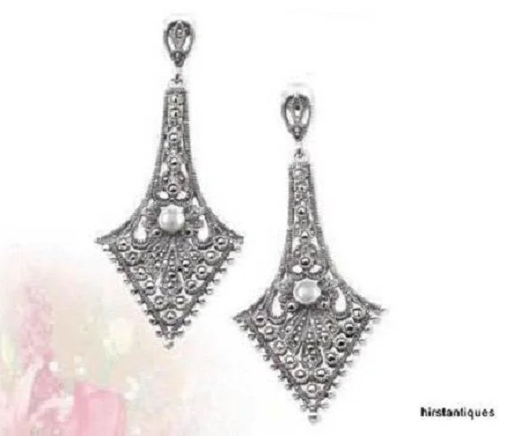 Ladies Earrings with Pure Danburite-Pearl earrings Silver Marcasite Bridal Vintage Wedding Lace Effect