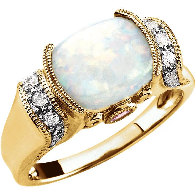 Ladies Rings with Grey Pollucite-14k Yellow Gold Australian Opal, Pink Tourmaline & 1/6 CTW Diamond Ring