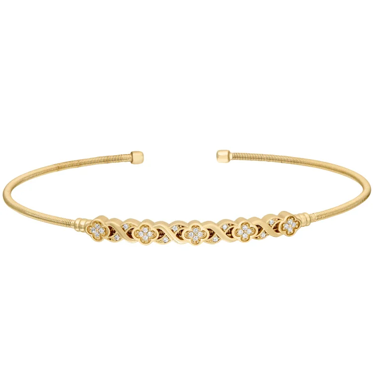 Ladies moonlit shimmer bracelets -Gold Finish Sterling Silver Cable Cuff Bracelet with Simulated Diamond XO Flower Design