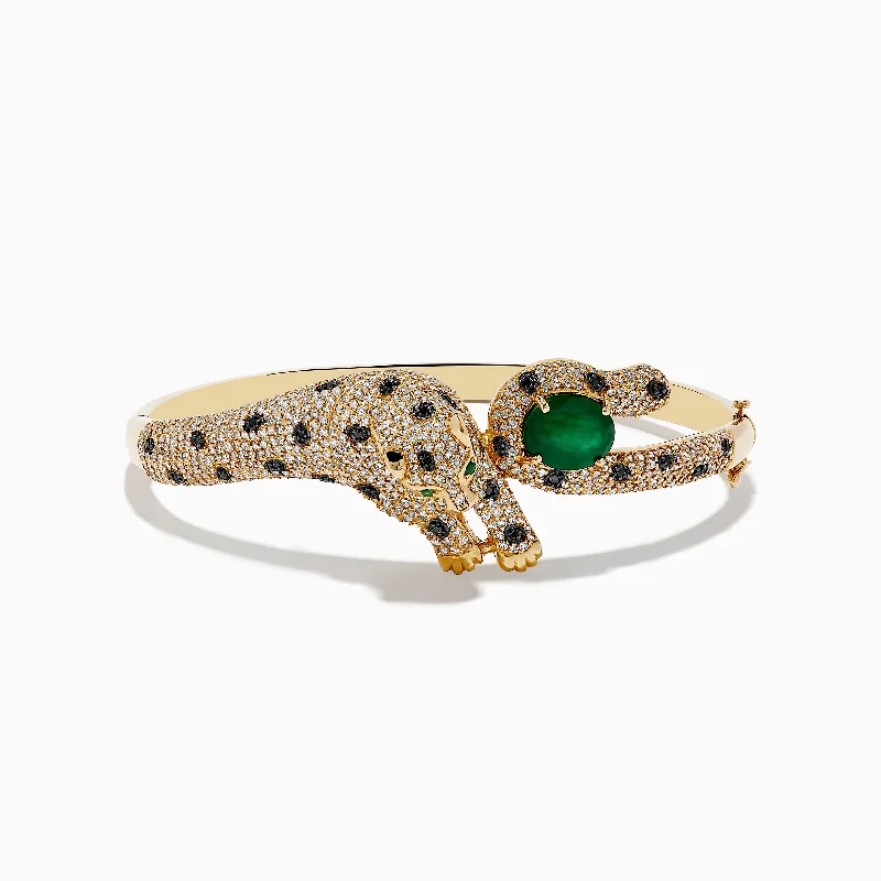 Ladies mirror polish bracelets -Signature 14K Yellow Gold Emerald, White and Black Diamond Bangle