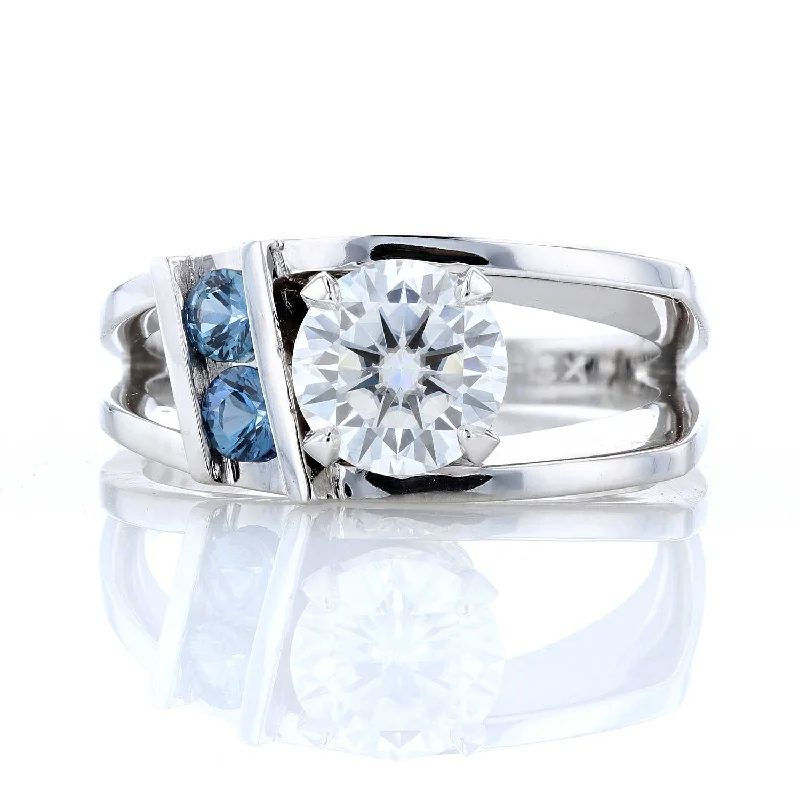 Ladies Engagement Rings Stack Shine-Modern Asymmetrical Moissanite & Sapphire Engagement Ring