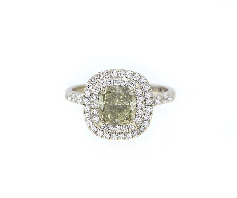 Ladies Engagement Rings Craft Glow-1.55ct Grey-Green Yellow Cushion Diamond Double Frame Engagement Ring 14K