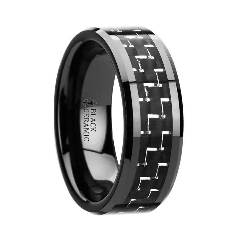 Ladies Rings Multi Glow-Thorsten TITAN Black Beveled Ceramic Ring with Silver & Black Carbon Fiber Inlay - 8mm