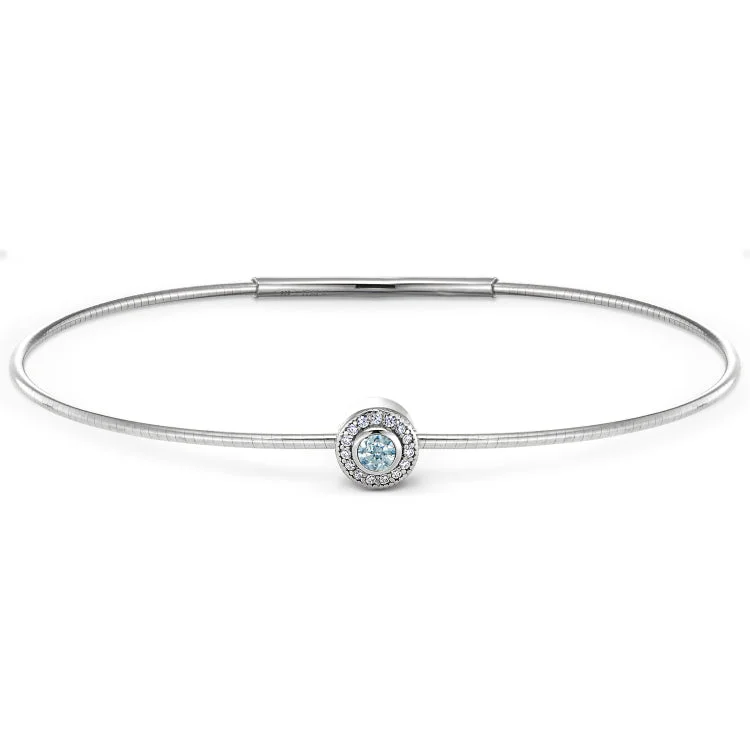 Ladies lone stone bracelets -Platinum Finish Sterling Silver Round Simulated Aquamarine Birth Gem Bracelet with Simulated Diamonds