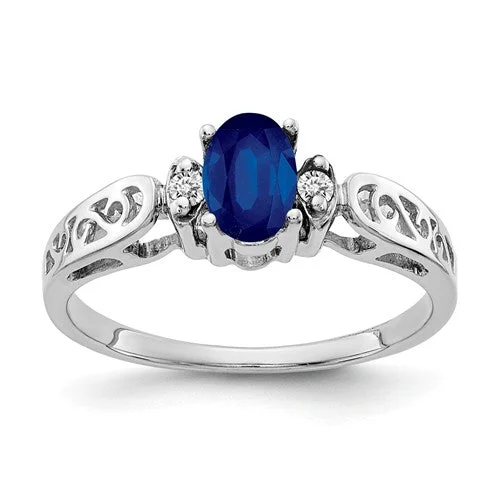 Ladies Rings Wide Spark-14k White Gold 6x4mm Oval Blue Sapphire and Diamond Filigree Side Ring