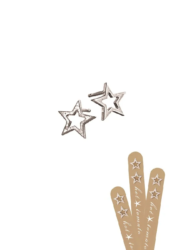 Ladies Earrings Fine Spark-Hot Tomato Star Frame  Stud Earrings -  Stainless Steel with Worn Silver Finish