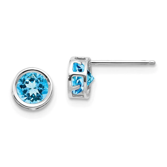 Ladies Earrings for Science Spark-14k White Gold 5mm Round Swiss Blue Topaz Bezel Set Earrings