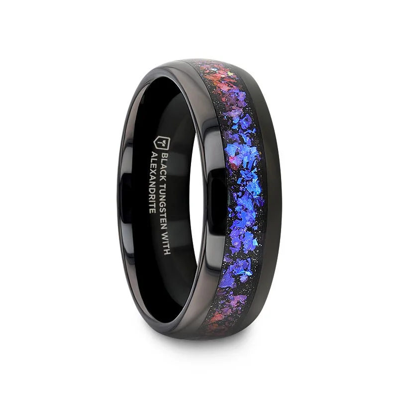 Ladies Rings with Navy Sodalite-Thorsten COSMIC Black Tungsten Crushed Alexandrite and Dark Blue & Purple Goldstone Ring - 4mm & 8mm