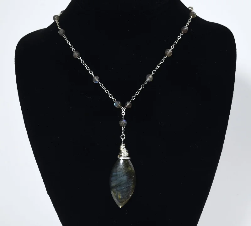 Lunar charm necklaces -Labradorite Drop Pendant Sterling Silver Beaded Station Necklace