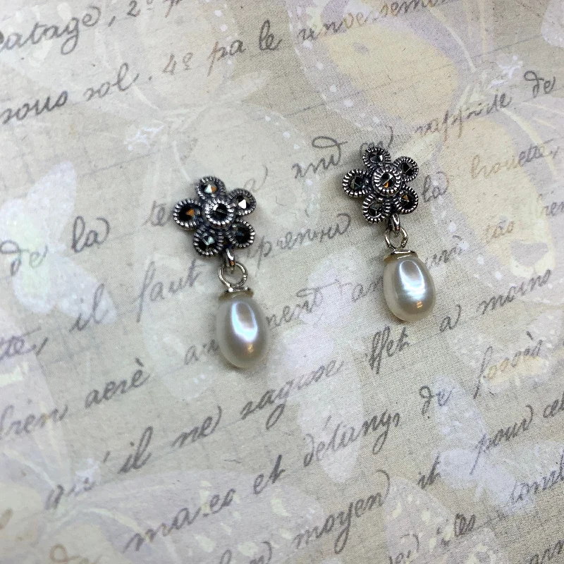 Ladies Earrings with Striped Agate-Real pearl drop Earrings silver Marcasite vintage bride