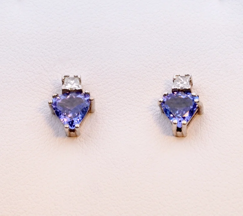 Ladies Earrings with Triangle Spark-14K white gold Tanzanite stud earrings with square Diamonds