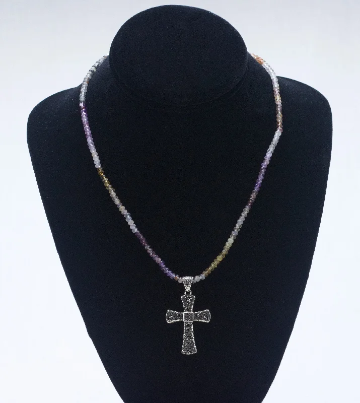 Companion bond necklaces -Sterling Silver Crucifix on Quartz Varieties Multicolor Beaded Necklace - 18" - BROKEN CLASP