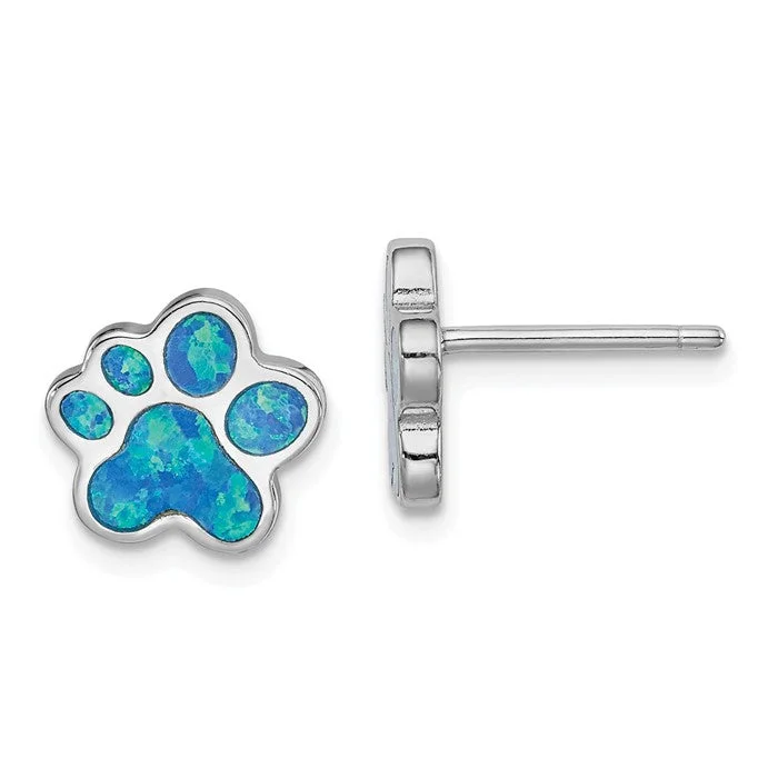 Ladies Earrings with Brown Andalusite-Sterling Silver Created Blue Opal Inlay Paw Print Post Stud Earrings