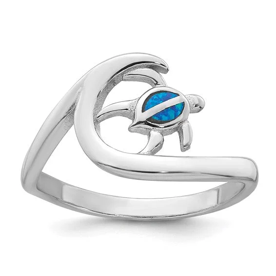 Ladies Rings with Royal Lapis-Sterling Silver Blue Created Opal Turtle on Wave Ring