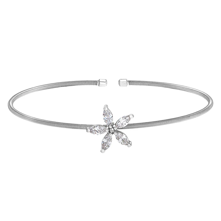 Ladies nature’s breath bracelets -Rhodium Finish Sterling Silver Cable Cuff Flower Bracelet with Simulated Diamonds