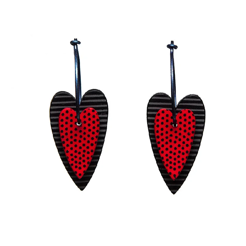 Ladies Earrings with Flame Spark-Lene Lundberg K-Form Red/Black Double Heart Earrings