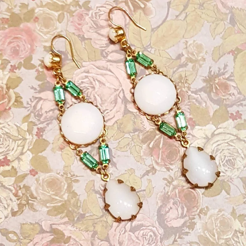 Ladies Earrings for Bestie Shine-Askew London Earrings Chandelier White Glass Gold Green Unsigned