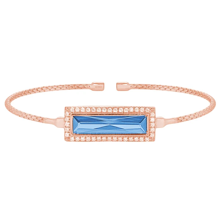 Ladies lush green bracelets -Rose Gold Finish Sterling Silver Cable Cuff Bracelet with Rectangular Simulated Blue Topaz Stone and Simulated Diamonds