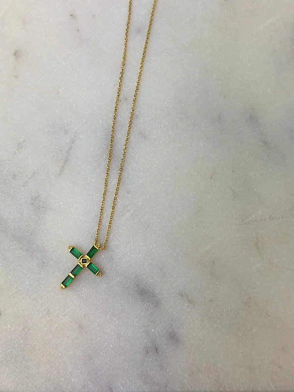 Warm topaz necklaces -Necklace - Green Gemstone Cross On Gold Chain