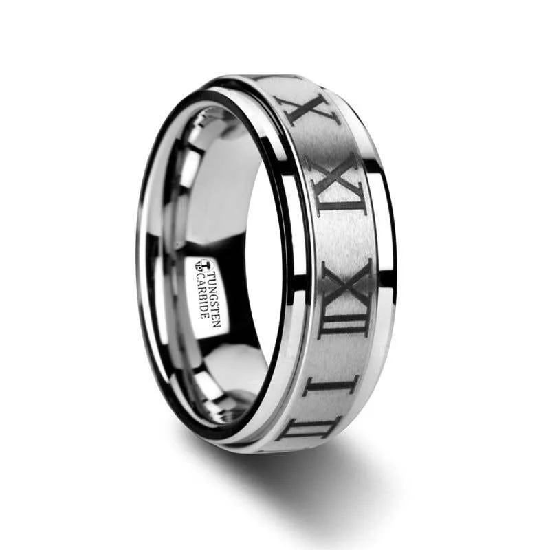 Ladies Rings with Pale Prehnite-Thorsten IMPERIUS Roman Numeral Raised Center Brush Finish Tungsten Carbide Spinner Ring - 8mm