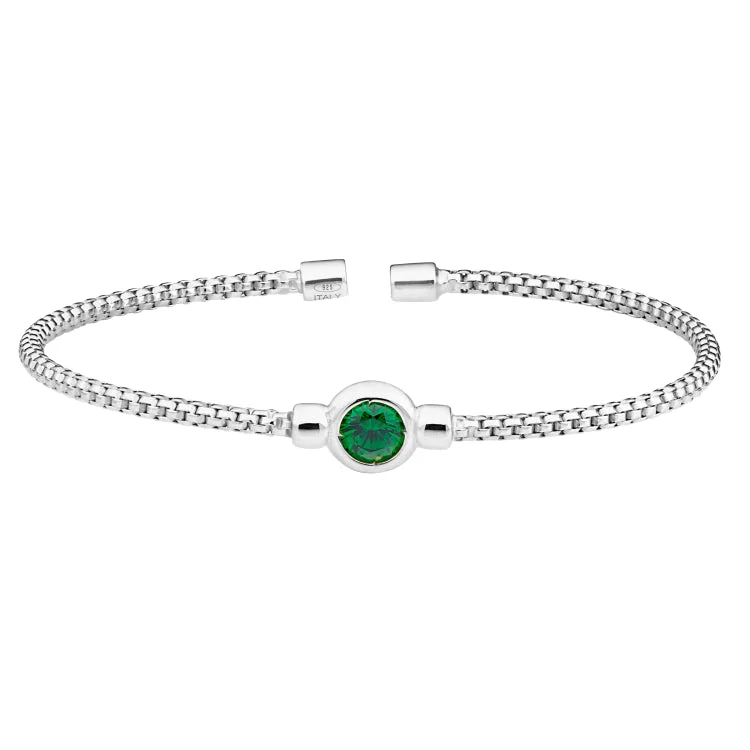 Ladies enamel splash bracelets -Rhodium Finish Sterling Silver Rounded Box Link Cuff Bracelet with Bezel Set Simulated Emerald Birth Gem