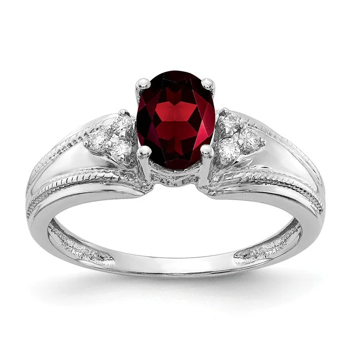 Ladies Rings with Striped Agate-14k White Gold 7x5mm Oval Garnet and Diamond Ring