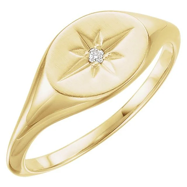 Ladies Rings for Nurse Spark-14K Yellow Gold .02 CT Diamond 10x8 mm Oval Starburst Signet Ring