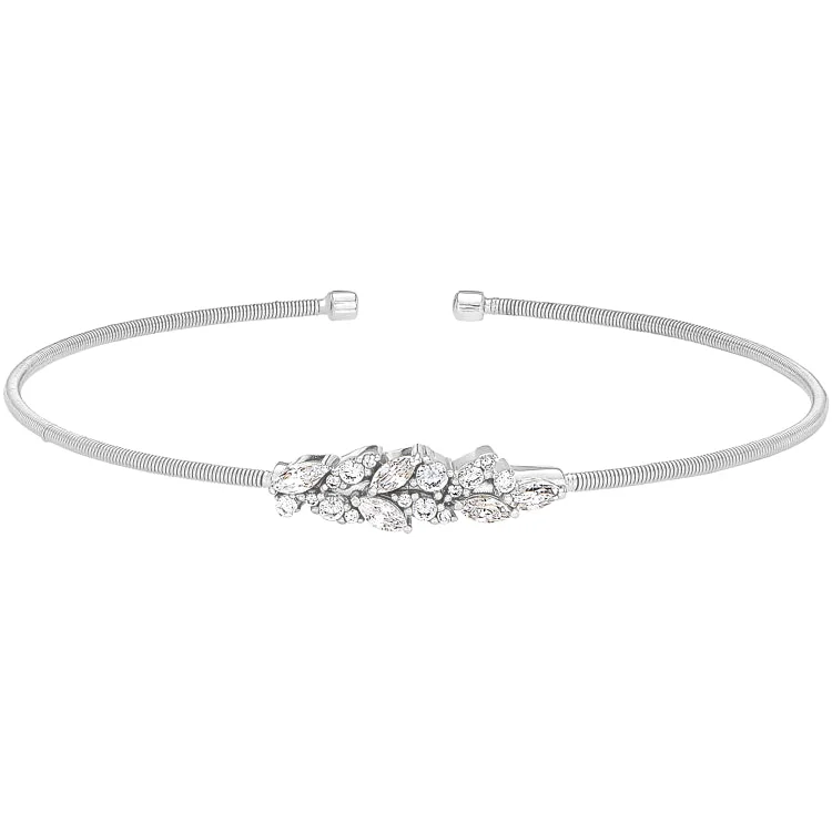 Ladies lavish luxury bracelets -Rhodium Finish Sterling Silver Cable Cuff Bracelet with Simulated Diamond Leaf Pattern