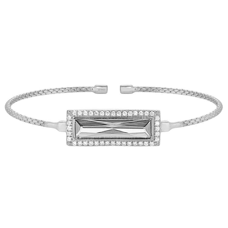 Ladies daily ease bracelets -Rhodium Finish Sterling Silver Cable Cuff Bracelet with Rectangular Simulated Diamond Stone and Simulated Diamonds