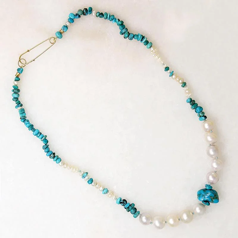 Glowing opal necklaces -Turquoise & Pearl Necklace with Safety Pin by Ancient Influences