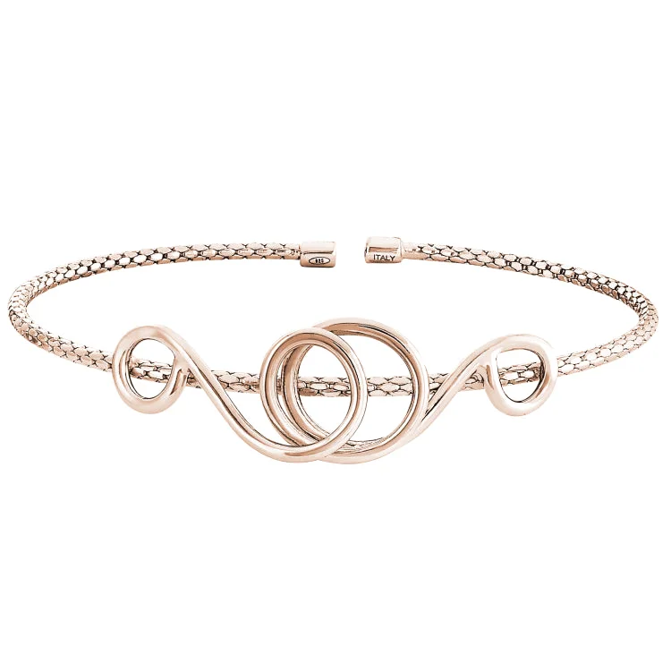 Ladies rose petal bracelets -Rose Gold Finish Sterling Silver Corean Cable Cuff Bracelet with a High Polished Central Swirl