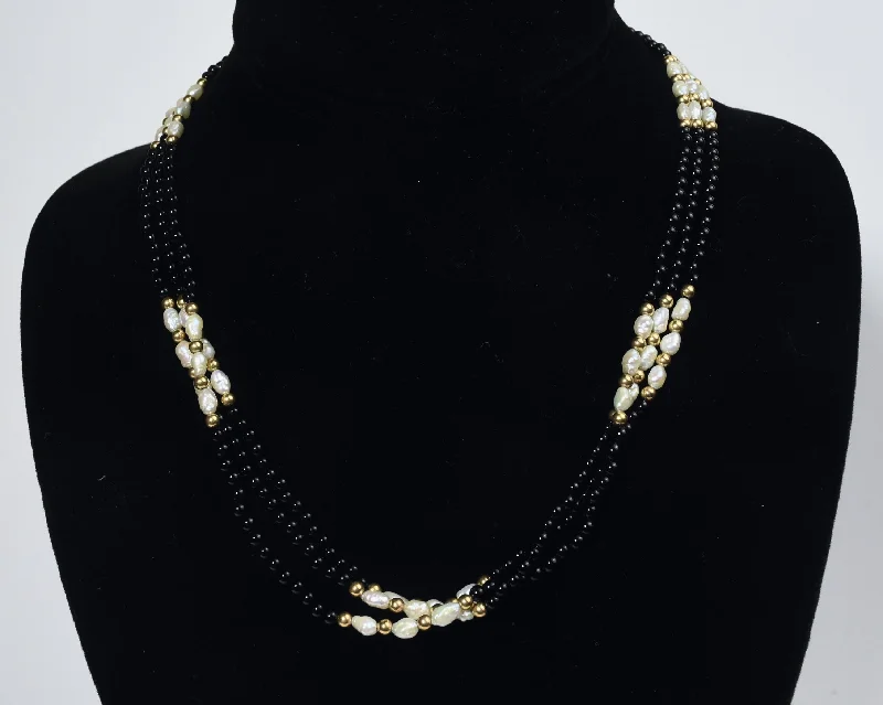 Unicorn shine necklaces -14k Gold, Black Onyx and Freshwater Pearl Triple Strand Necklace