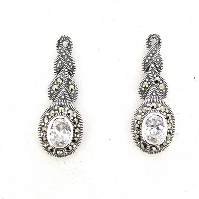 Ladies Earrings with Warm Opal-Bridal Earrings Vintage Wedding Silver Marcasite Earrings Oval Clear Crystal