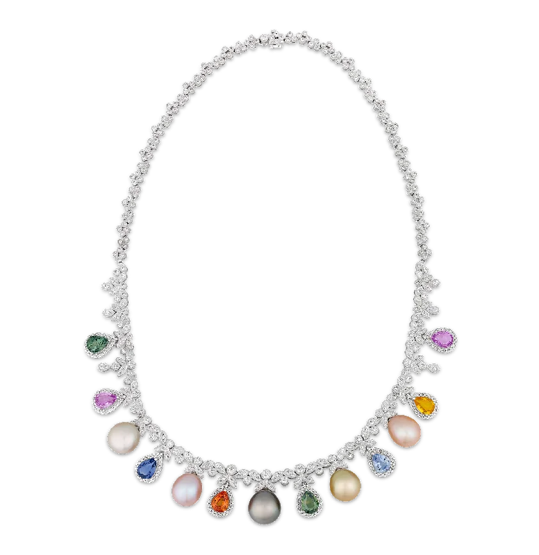 Smooth glide necklaces -Rainbow Sapphire, Pearl and Diamond Necklace