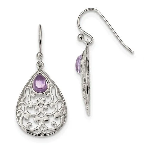 Ladies Earrings Pure Spark-Sterling Silver Amethyst Teardrop Filigree Shepherd Hook Earrings