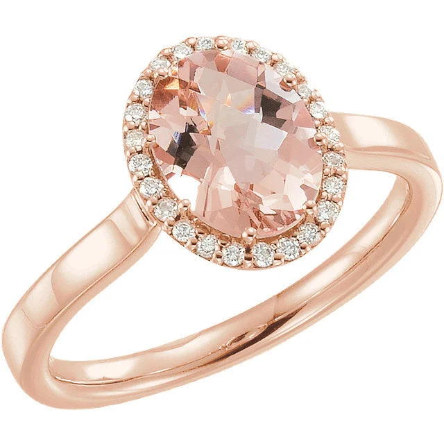 Ladies Rings with Cyan Kyanite-14k Rose Gold Oval Morganite & 1/8 CTW Diamond Halo Ring