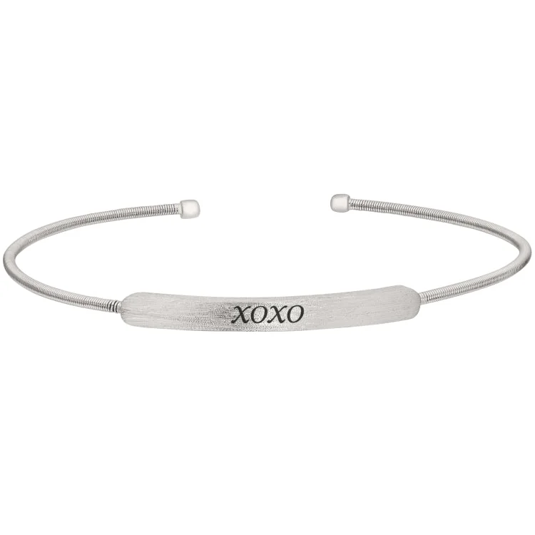 Ladies friendship token bracelets -Rhodium Finish Sterling Silver Cable Cuff Bracelet with Name Plate - XOXO