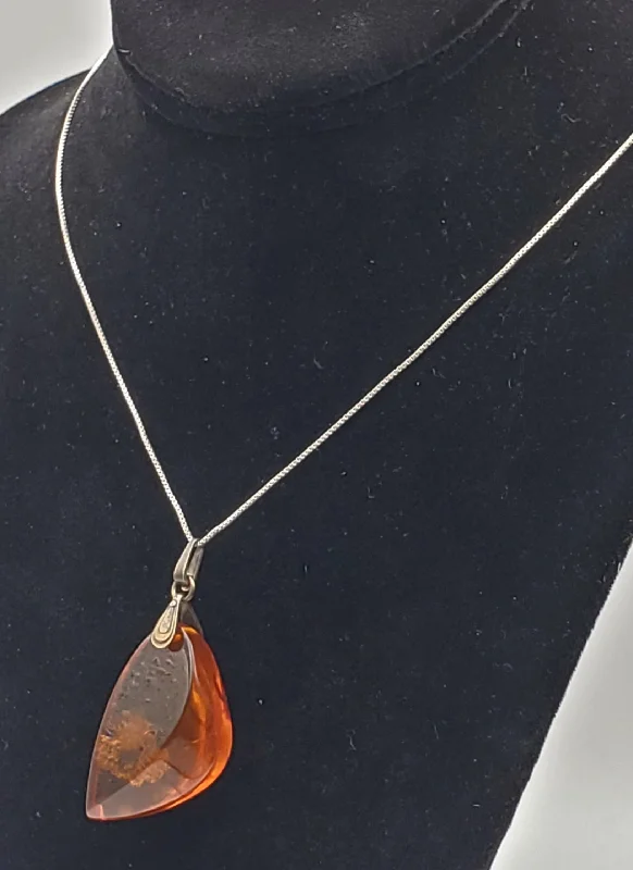 Anniversary sparkle necklaces -Vintage Soviet Amber Modernist Freeform Sculpted Pendant on Sterling Silver Necklace - 16.25"