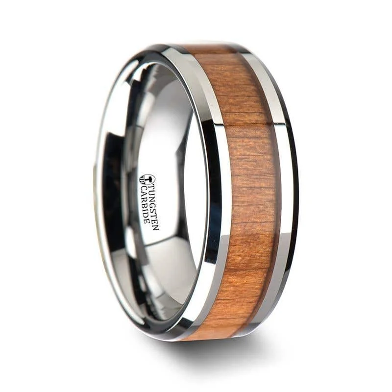 Ladies Engagement Rings with Shattuckite Glow-Thorsten BRUNSWICK Tungsten Wedding Ring with Polished Bevels and American Cherry Wood Inlay - 6mm - 10mm