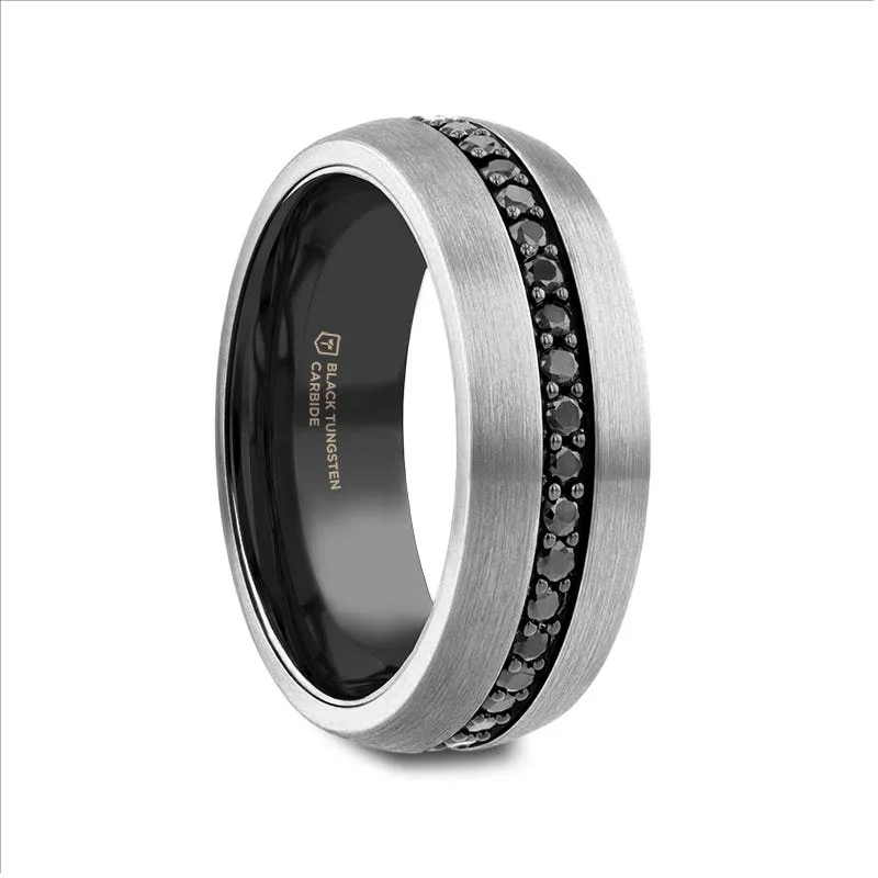 Ladies Rings for Friend Glow-Thorsten PILOT Gunmetal Tungsten Ring with Black Sapphires - 8mm