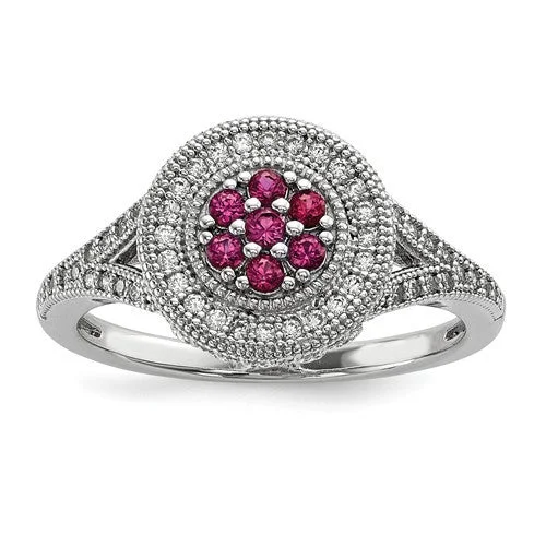 Ladies Rings with Diamond Glow-Sterling Silver White & Pink CZ Brilliant Embers Round Floral Halo Ring