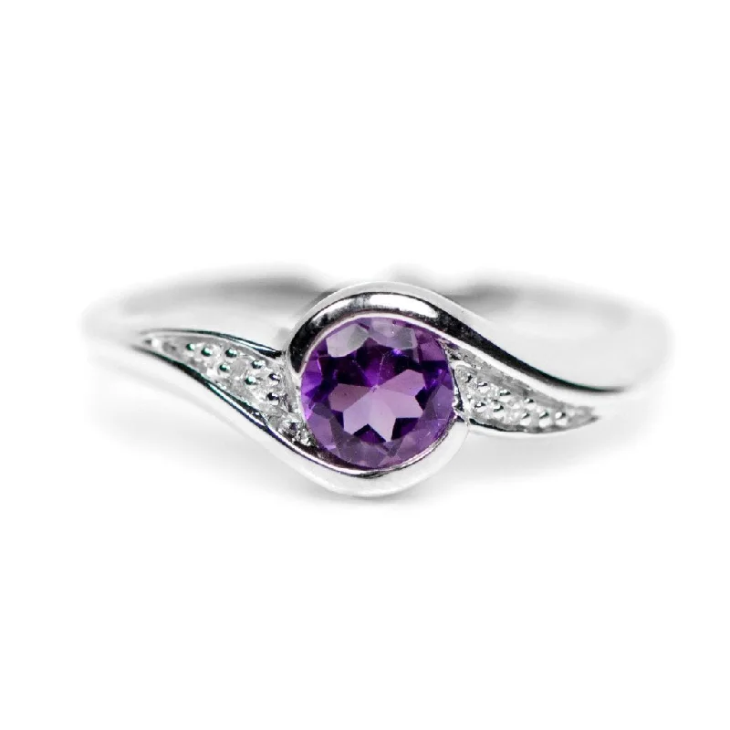 Ladies Rings with Black Onyx-Sterling Silver Round Amethyst and Diamond Ring