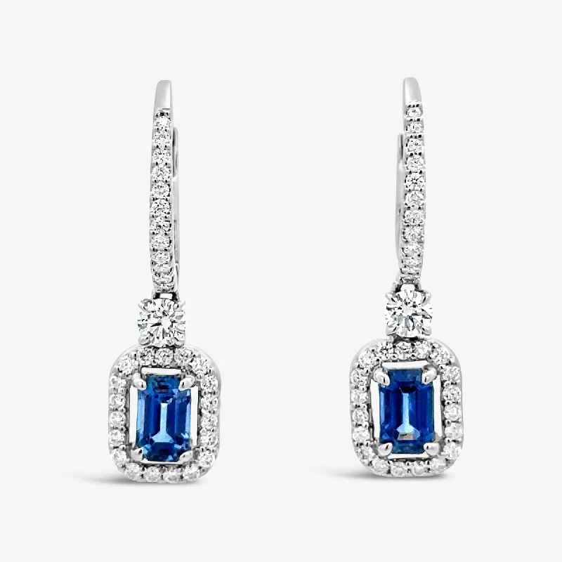 Ladies Earrings with Green Clinozoisite-Emerald Cut Sapphire & Diamond Dangle Earring