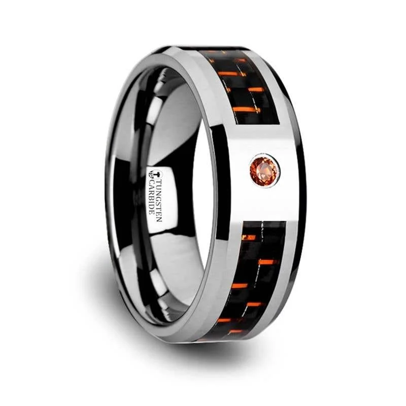 Ladies Rings Retro Spark-Thorsten NOAH Tungsten Ring Black Orange Carbon Fiber Padparadscha Sapphire Setting - 8mm