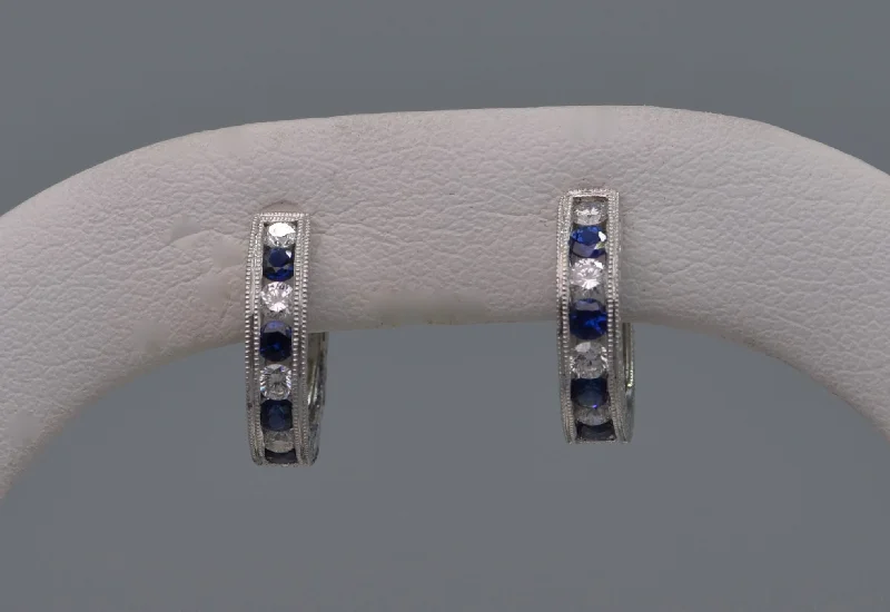 Ladies Earrings with White Colemanite-18K white gold hoop earrings with Diamonds & Sapphires