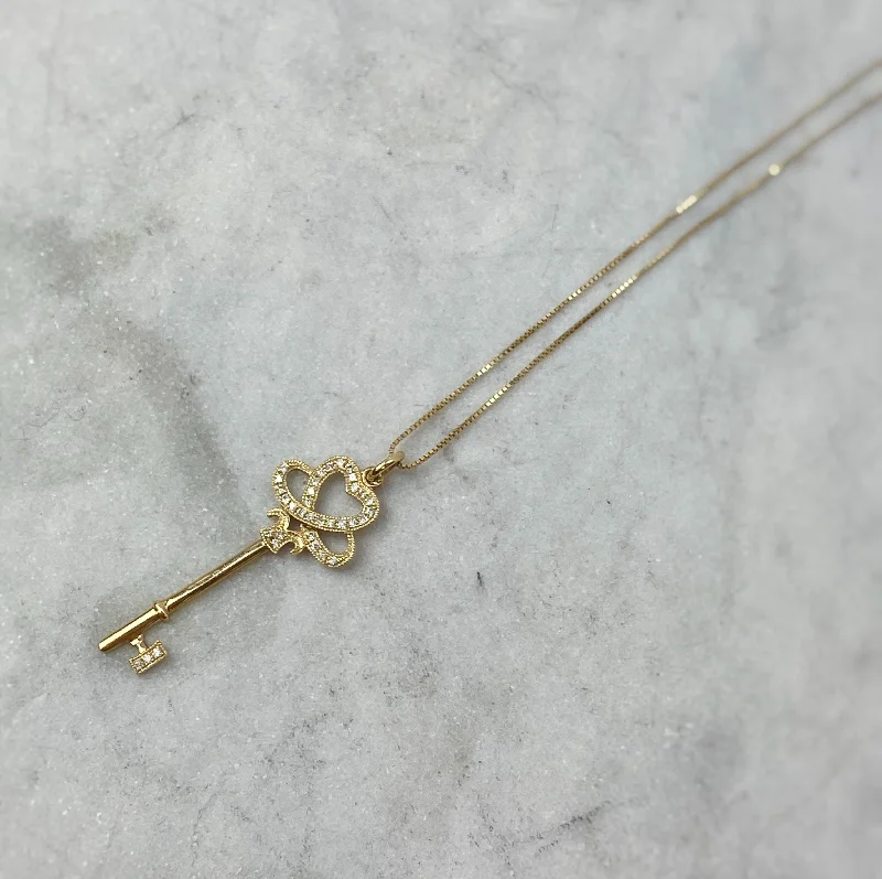 Hushed spark necklaces -Pave Diamond & 14K Yellow Gold Key Pendant Necklace