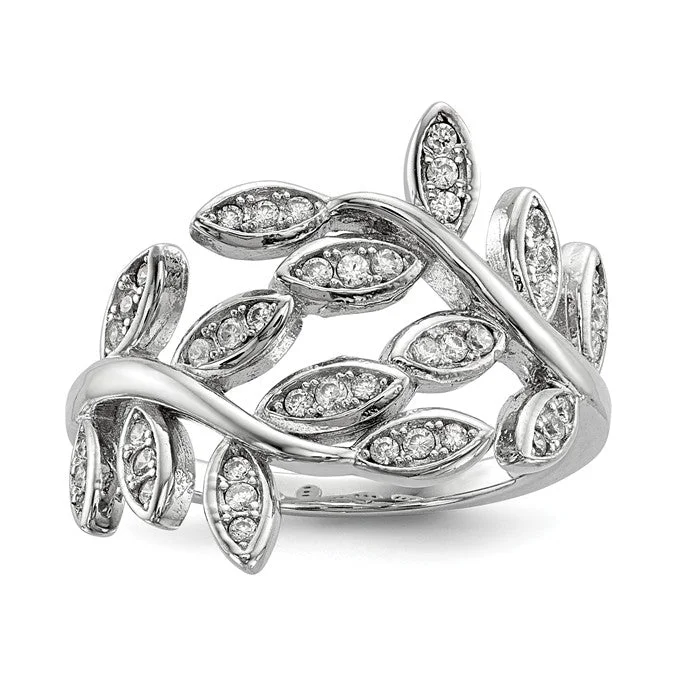 Ladies Rings with Arrow Shine-Sterling Silver Wrapped Leaves CZ Ring